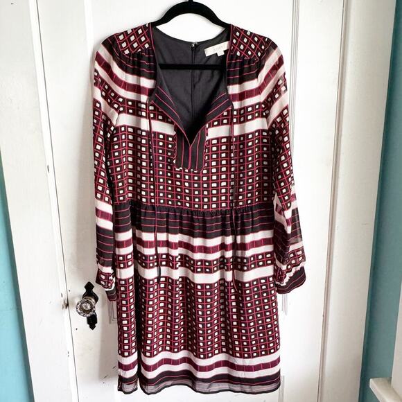 LOFT Round Neck Sheer Long Sleeve Tie Neck Knee Length Geometric Dress Medium - Picture 3 of 13